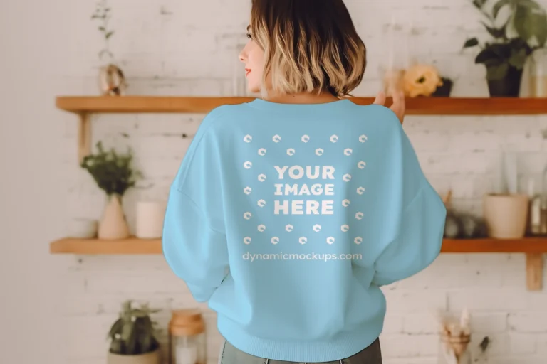 Woman Wearing Sky Blue Sweatshirt Mockup Back View Template