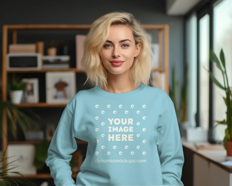 Woman Wearing Sky Blue Sweatshirt Mockup Front View Template