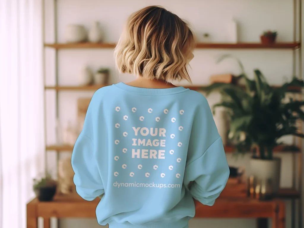 Woman Wearing Sky Blue Sweatshirt Mockup Back View Template