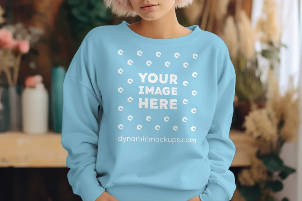 Woman Wearing Sky Blue Sweatshirt Mockup Front View Template