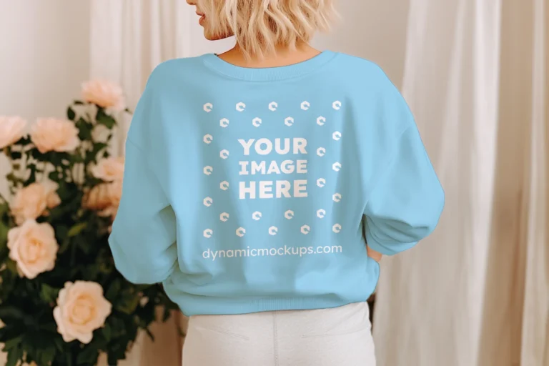 Woman Wearing Sky Blue Sweatshirt Mockup Back View Template