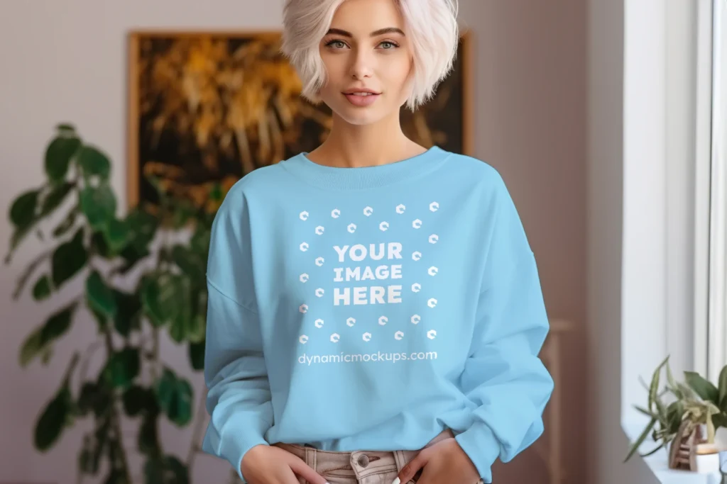 Woman Wearing Sky Blue Sweatshirt Mockup Front View Template