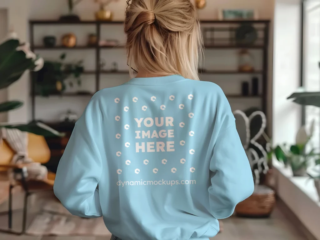 Woman Wearing Sky Blue Sweatshirt Mockup Back View Template