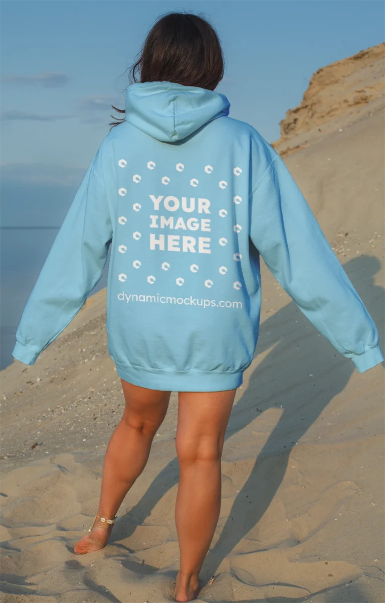 Woman Wearing Sky Blue Hoodie Mockup Back View Template