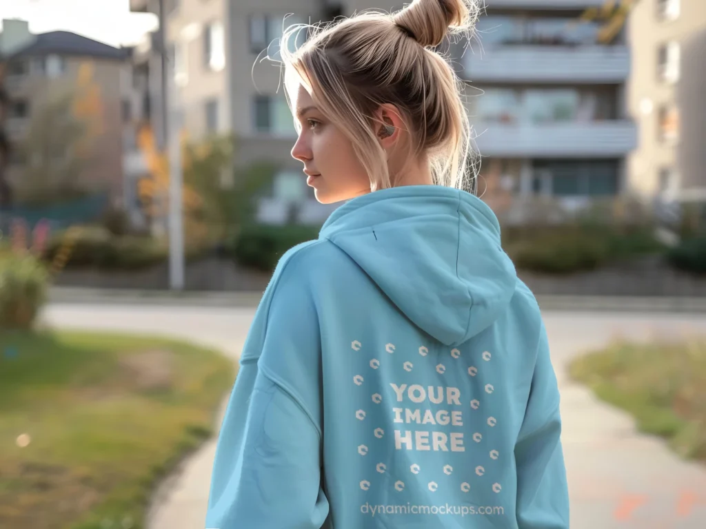 Woman Wearing Sky Blue Hoodie Mockup Back View Template