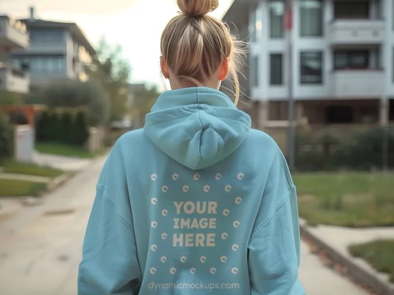 Woman Wearing Sky Blue Hoodie Mockup Back View Template