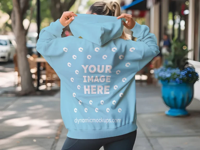 Woman Wearing Sky Blue Hoodie Mockup Back View Template