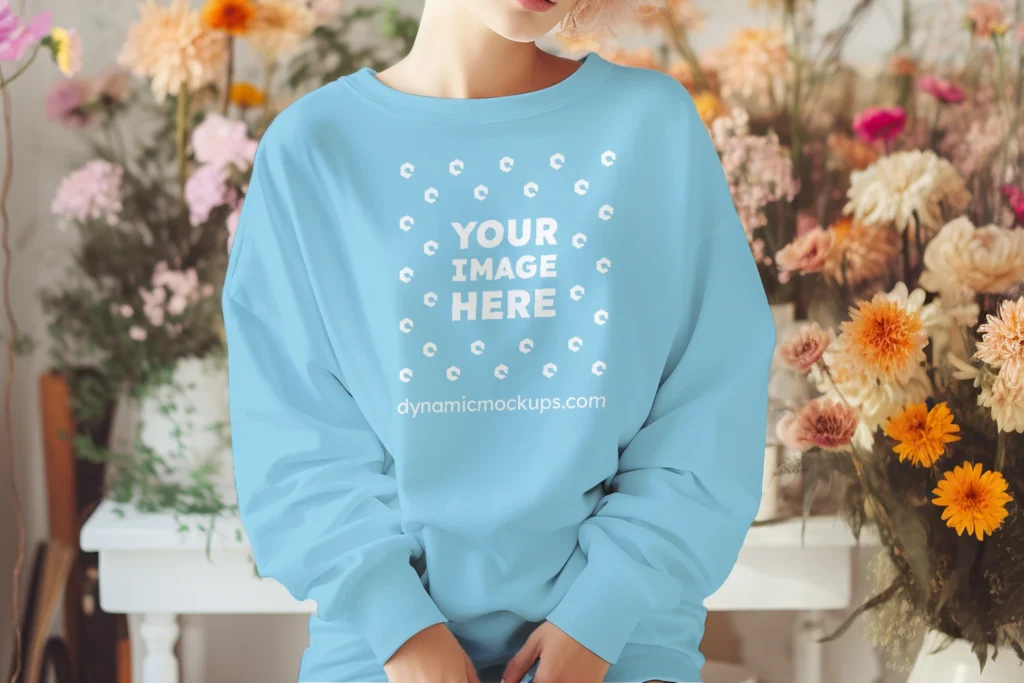 Woman Wearing Sky Blue Sweatshirt Mockup Front View Template