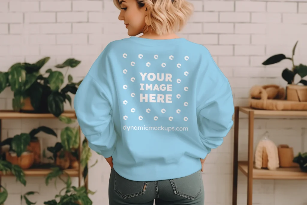 Woman Wearing Sky Blue Sweatshirt Mockup Back View Template