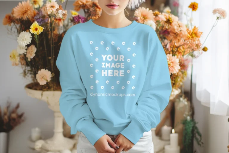 Woman Wearing Sky Blue Sweatshirt Mockup Front View Template