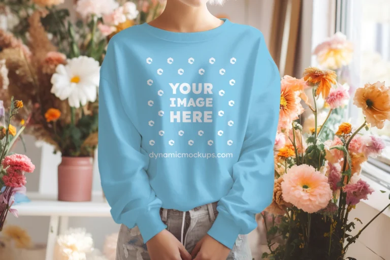 Woman Wearing Sky Blue Sweatshirt Mockup Front View Template