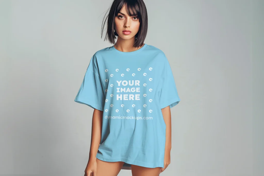 Woman Wearing Sky Blue T-shirt Mockup Front View Template