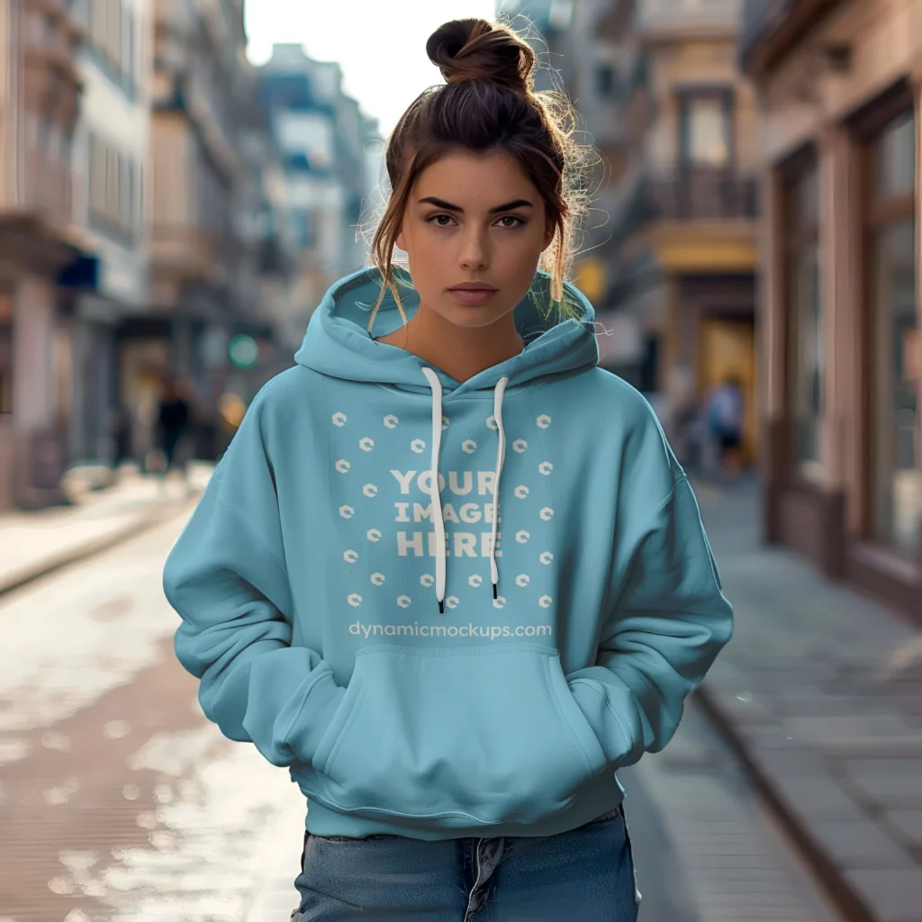 Woman Wearing Sky Blue Hoodie Mockup Front View Template