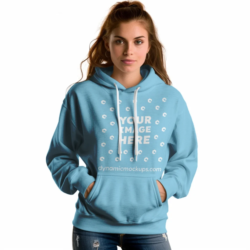 Woman Wearing Sky Blue Hoodie Mockup Front View Template