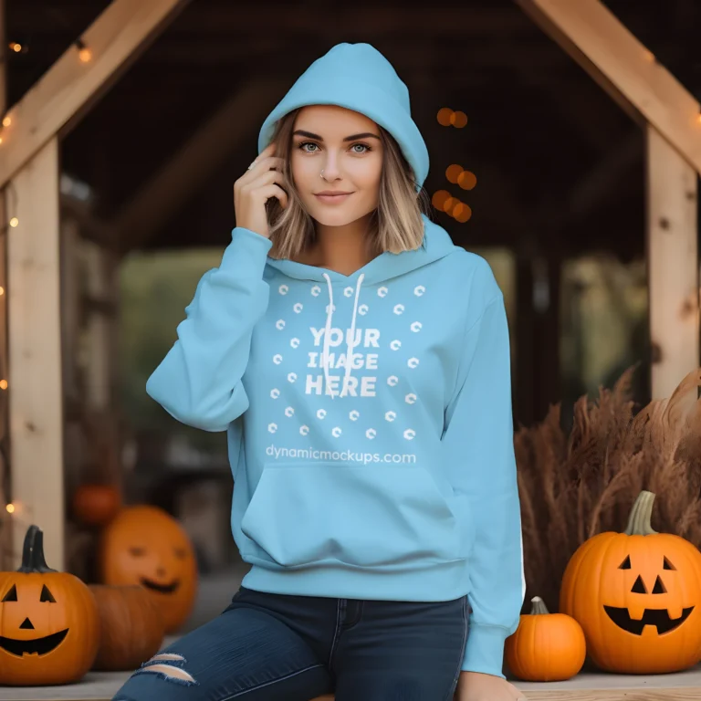 Woman Wearing Sky Blue Hoodie Mockup Front View Template