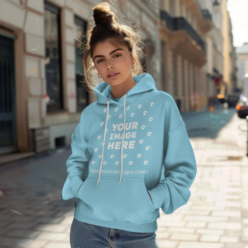 Woman Wearing Sky Blue Hoodie Mockup Front View Template