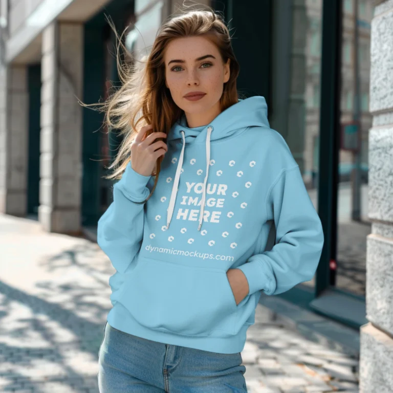 Woman Wearing Sky Blue Hoodie Mockup Front View Template