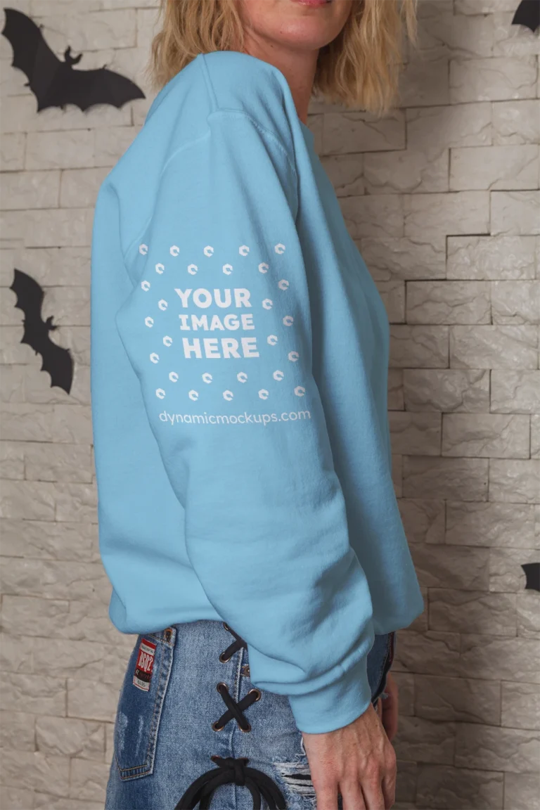 Woman Wearing Sky Blue Hoodie Mockup Side View Template