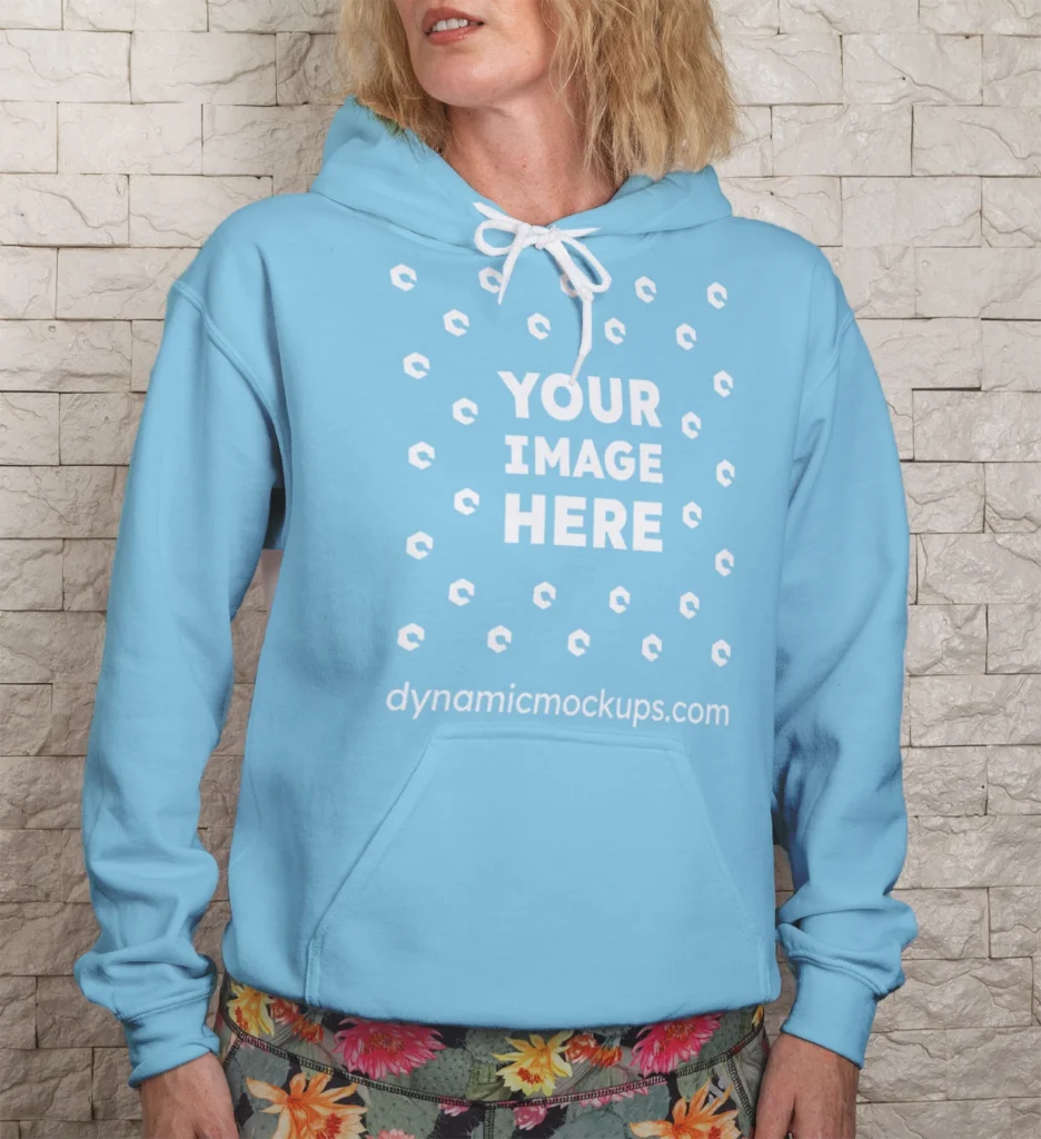 Woman Wearing Sky Blue Hoodie Mockup Front View Template