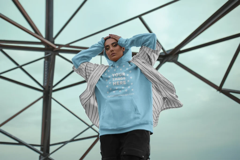 Woman Wearing Sky Blue Hoodie Mockup Front View Template