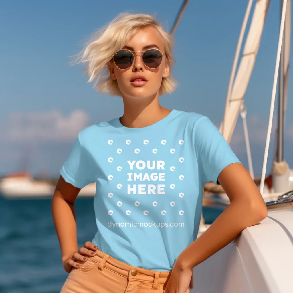 Woman Wearing Sky Blue T-shirt Mockup Front View Template