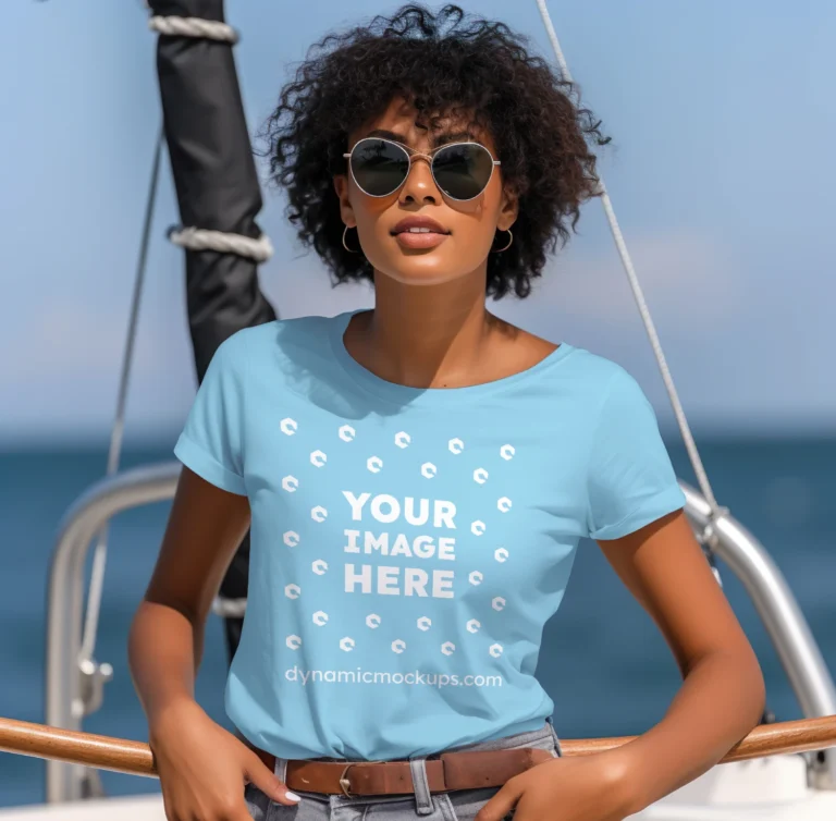 Woman Wearing Sky Blue T-shirt Mockup Front View Template