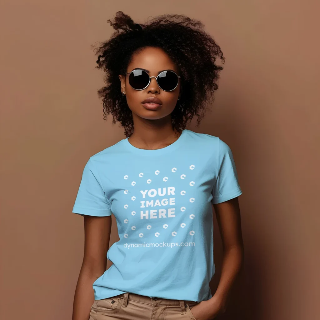 Woman Wearing Sky Blue T-shirt Mockup Front View Template