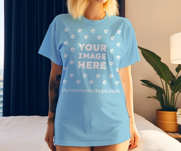 Woman Wearing Sky Blue T-shirt Mockup Front View Template