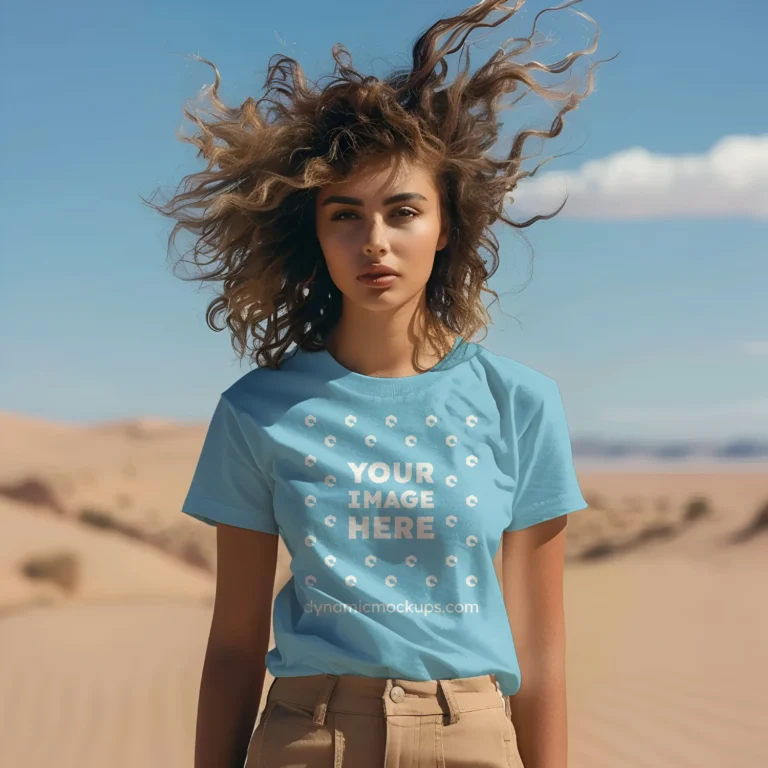 Woman Wearing Sky Blue T-shirt Mockup Front View Template