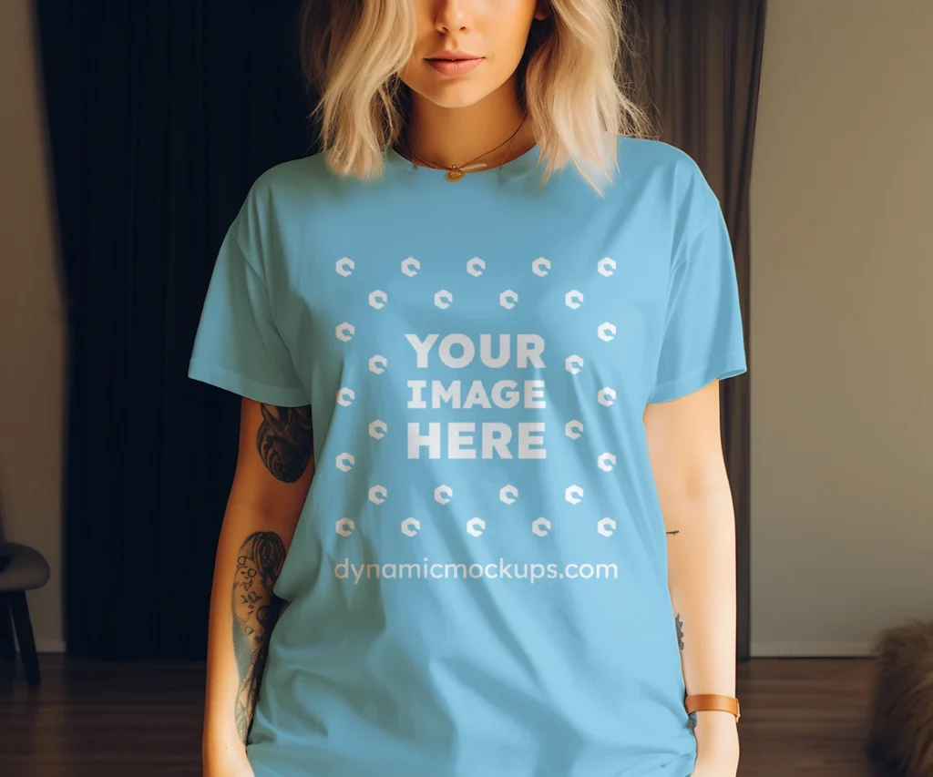 Woman Wearing Sky Blue T-shirt Mockup Front View Template