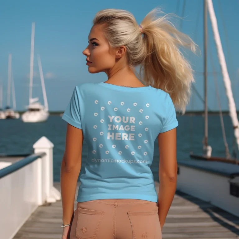 Woman Wearing Sky Blue T-shirt Mockup Back View Template