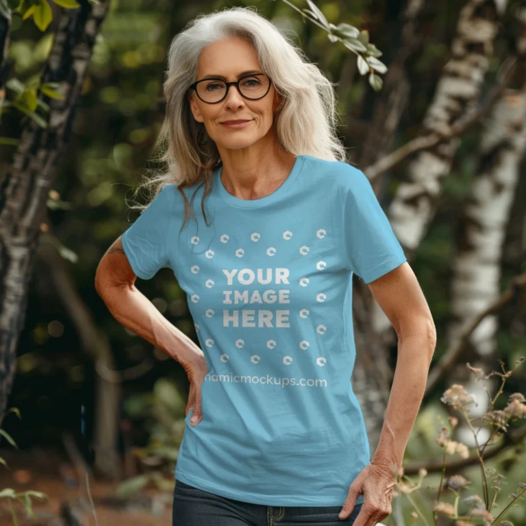 Woman Wearing Sky Blue T-shirt Mockup Front View Template