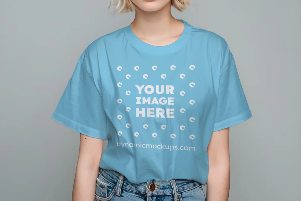 Woman Wearing Sky Blue T-shirt Mockup Front View Template