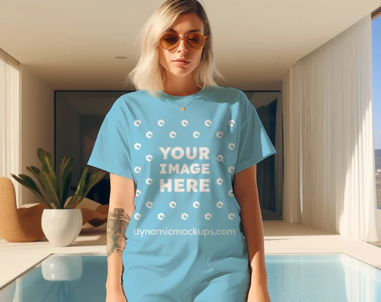 Woman Wearing Sky Blue T-shirt Mockup Front View Template