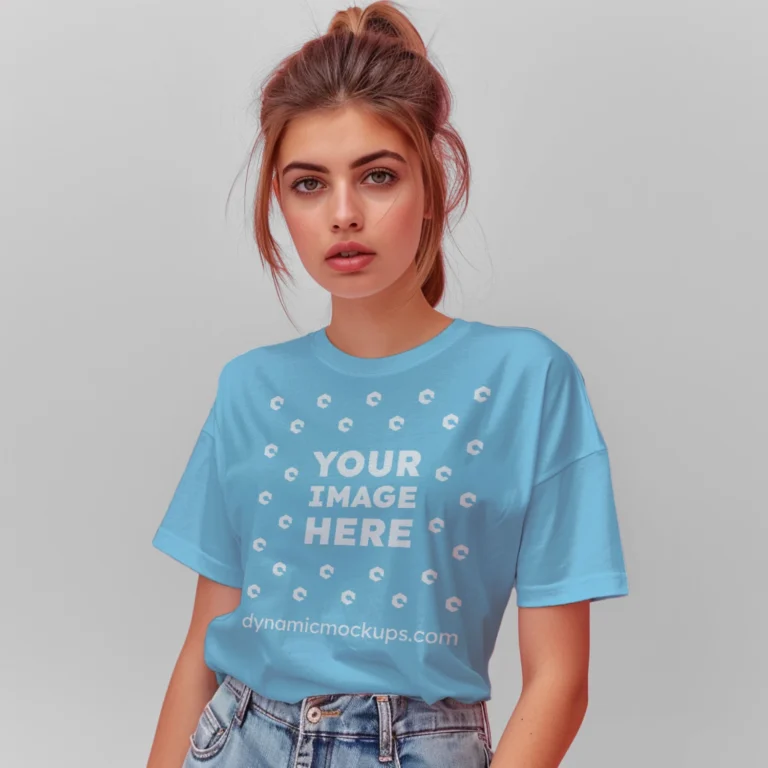 Woman Wearing Sky Blue T-shirt Mockup Front View Template