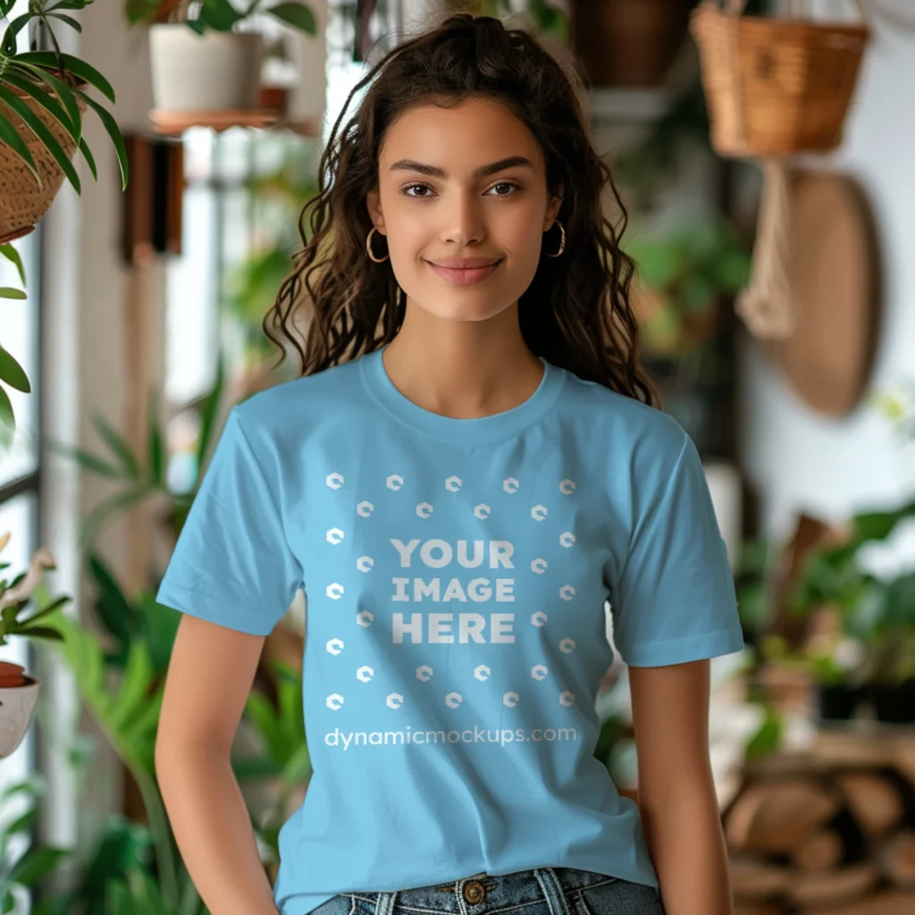 Woman Wearing Sky Blue T-shirt Mockup Front View Template