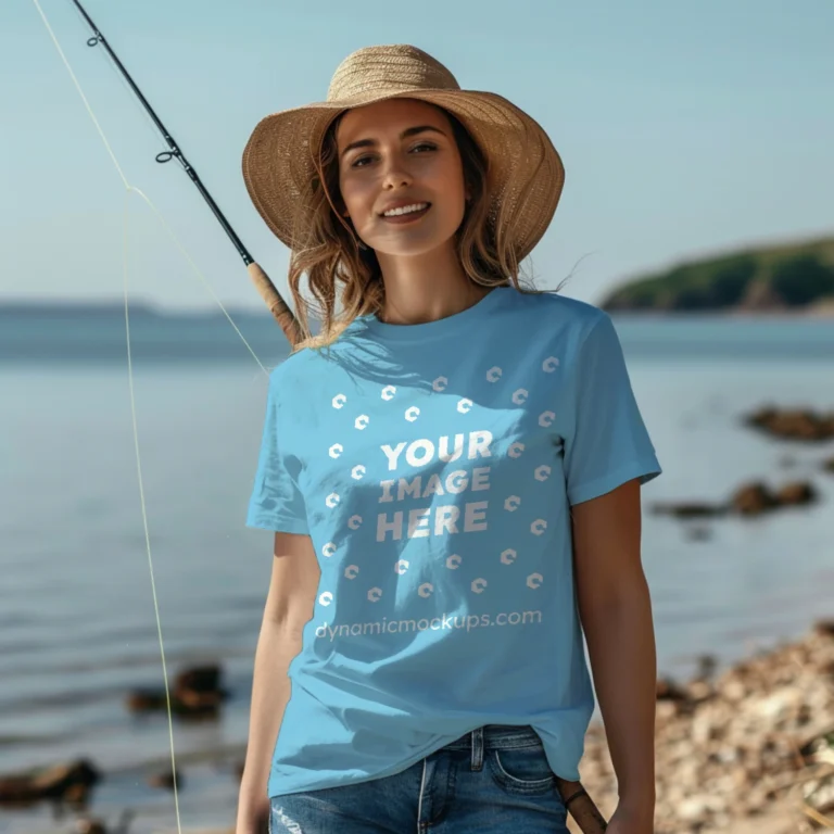 Woman Wearing Sky Blue T-shirt Mockup Front View Template