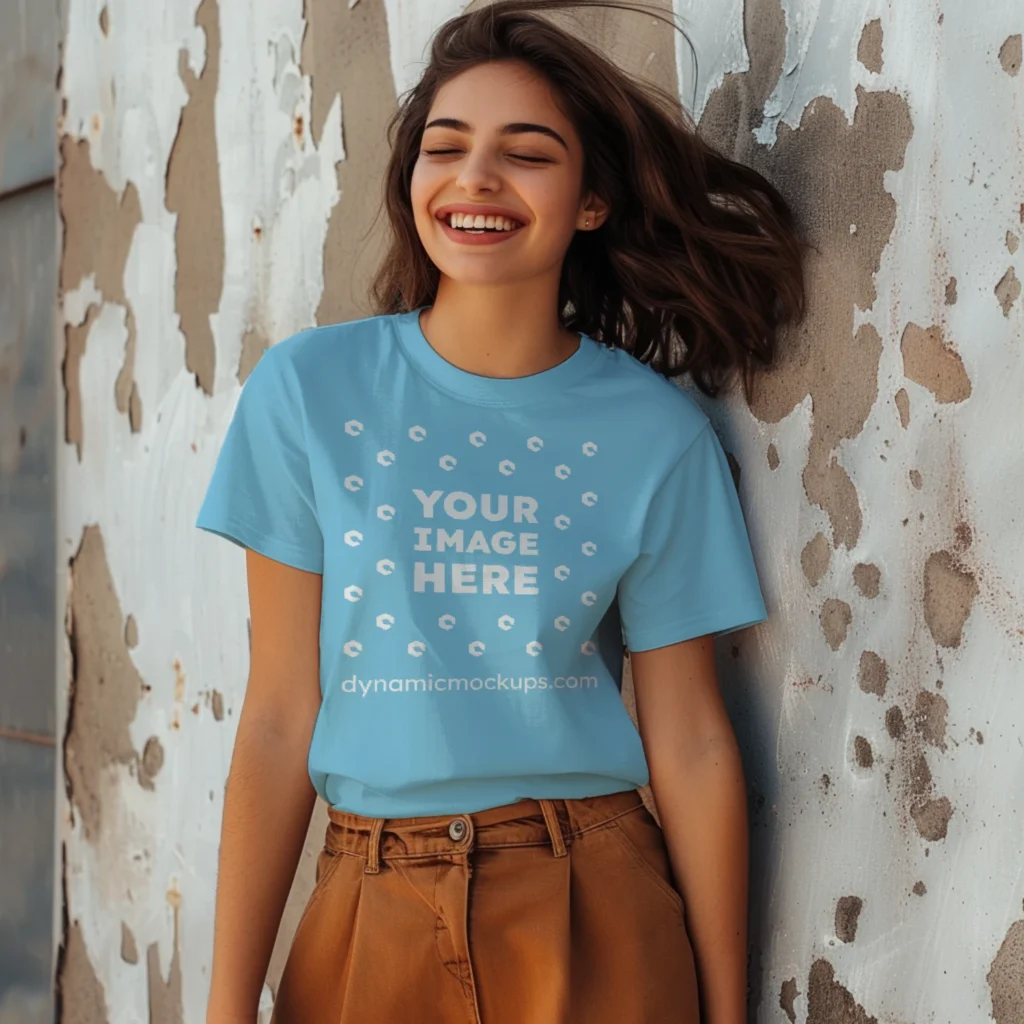 Woman Wearing Sky Blue T-shirt Mockup Front View Template