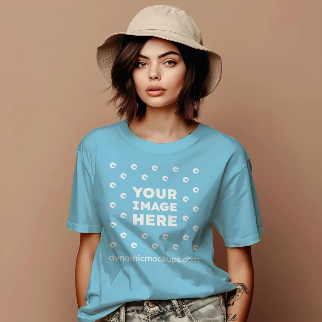 Woman Wearing Sky Blue T-shirt Mockup Front View Template