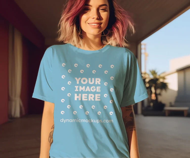 Woman Wearing Sky Blue T-shirt Mockup Front View Template