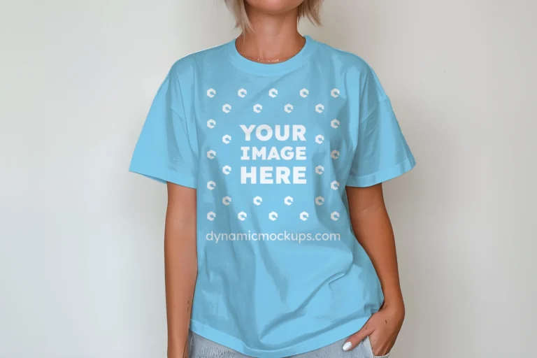 Woman Wearing Sky Blue T-shirt Mockup Front View Template