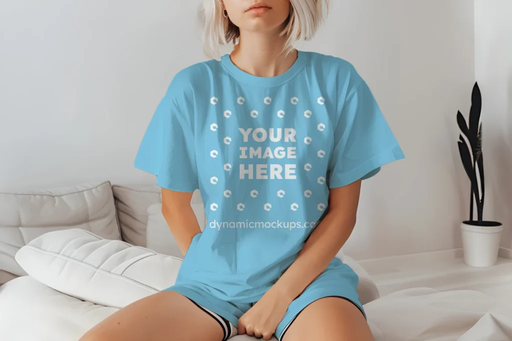 Woman Wearing Sky Blue T-shirt Mockup Front View Template