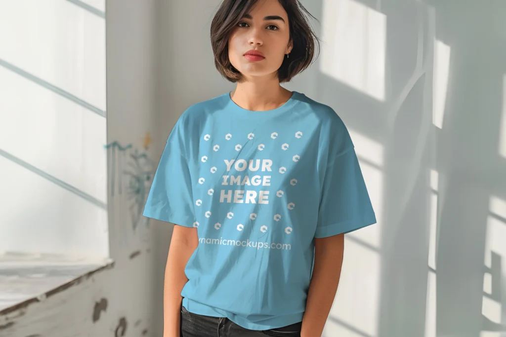 Woman Wearing Sky Blue T-shirt Mockup Front View Template