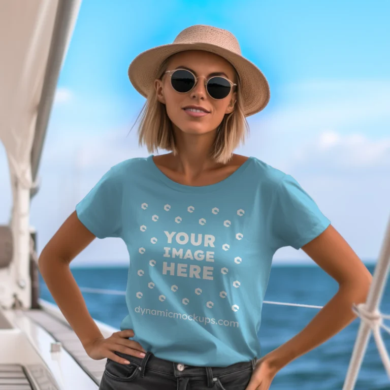 Woman Wearing Sky Blue T-shirt Mockup Front View Template