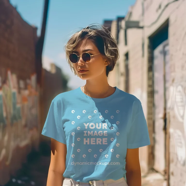 Woman Wearing Sky Blue T-shirt Mockup Front View Template