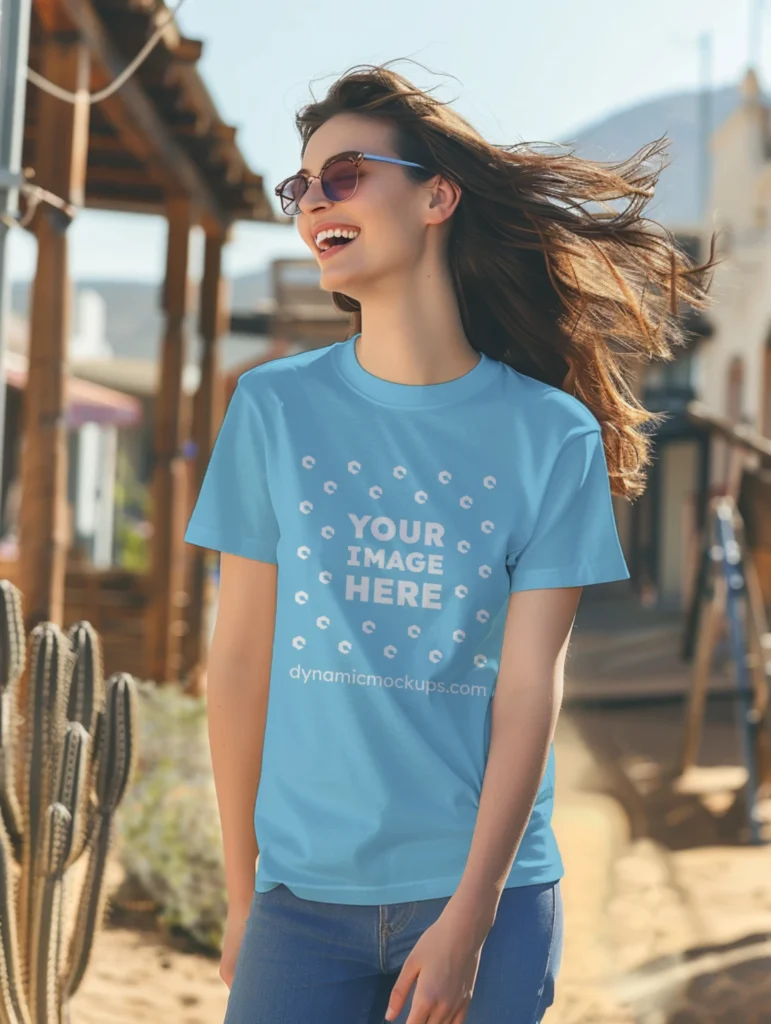 Woman Wearing Sky Blue T-shirt Mockup Front View Template