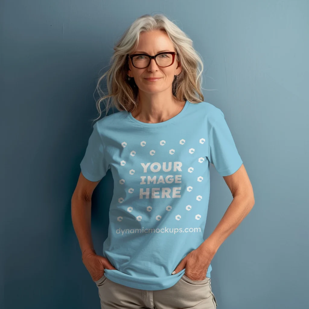 Woman Wearing Sky Blue T-shirt Mockup Front View Template