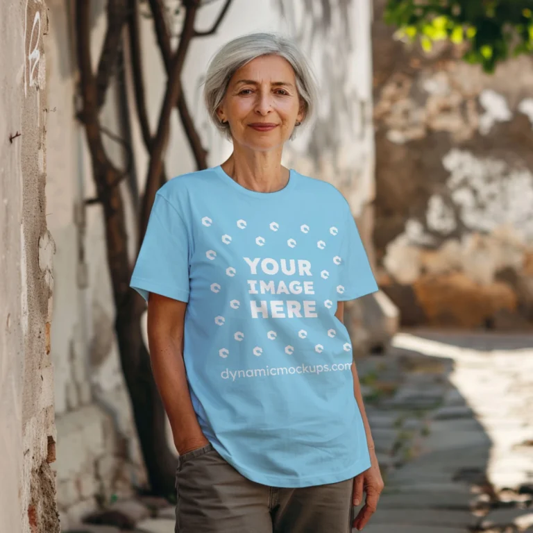 Woman Wearing Sky Blue T-shirt Mockup Front View Template