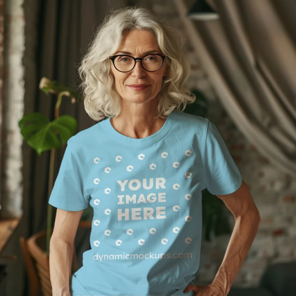 Woman Wearing Sky Blue T-shirt Mockup Front View Template