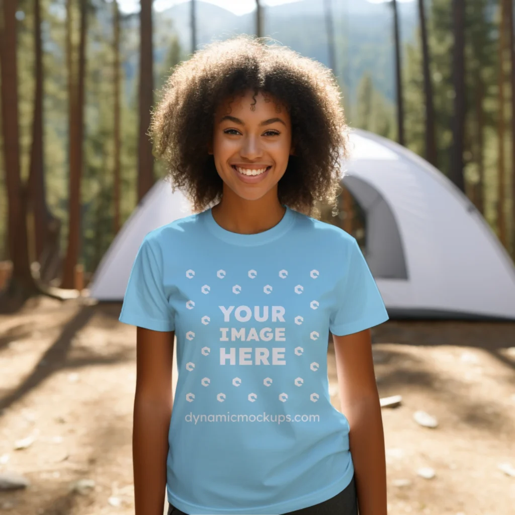 Woman Wearing Sky Blue T-shirt Mockup Front View Template